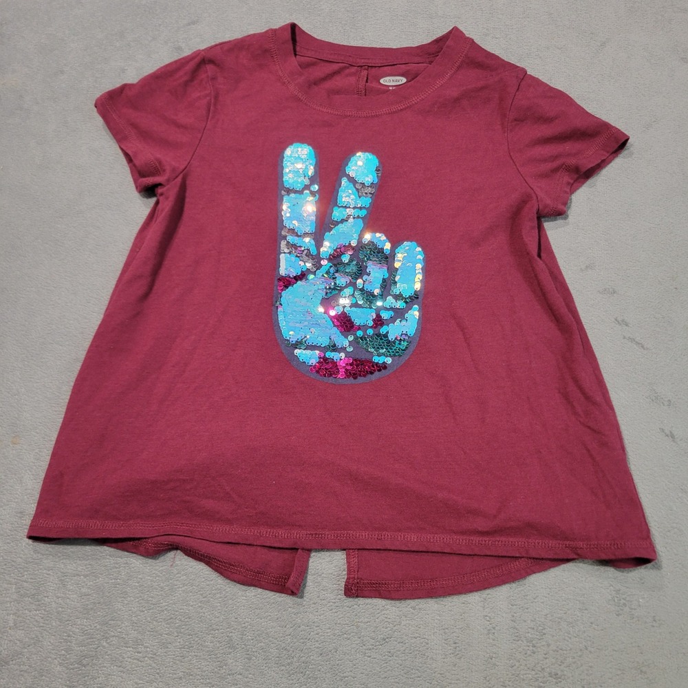 Old Navy T-Shirt Girls M 8 Wine Burgundy Peace Sign Flippy Sequin Split Back Tee